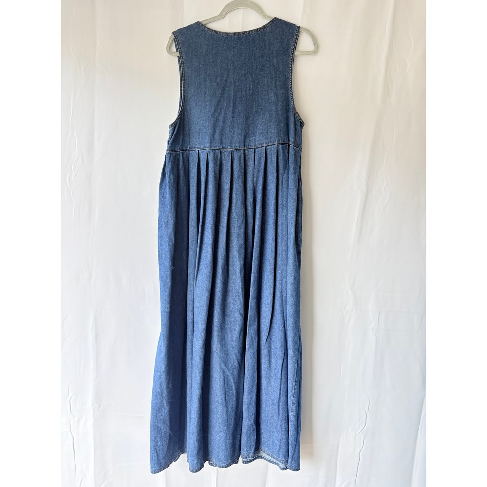 Vintage Laura Ashley Denim Maxi Dress Womens 10 Blue Pleated Pinafore Pockets - Picture 6 of 6